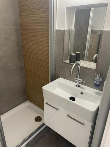 a bathroom with a sink and a shower at Deichliebe in Büsum
