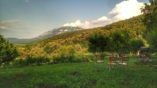 three chairs in a field with a mountain in the background at Vila Lapušnja - najam cele vikendice in Krivi Vir