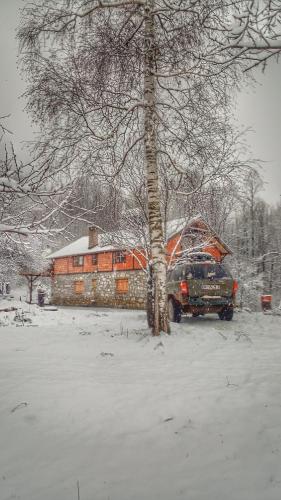 a truck parked next to a tree in the snow at Vila Lapušnja - najam cele vikendice in Krivi Vir
