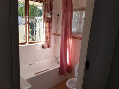baño con bañera, aseo y ventana en The Hermitage, en Ciudad del Cabo