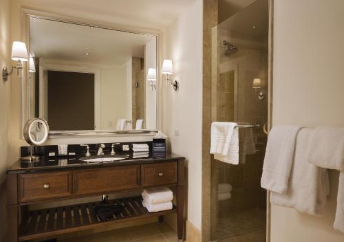 a bathroom with a sink and a mirror and a shower at The Edgewater in Madison