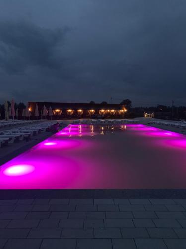 a pool with purple lights in the water at night at Готель-ресторан "Колиба" in Brody