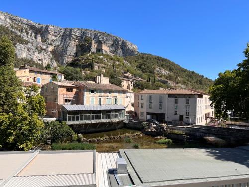 a view of a city with a mountain in the background at Studio "Le Fontaine de Vaucluse" in Fontaine-de-Vaucluse