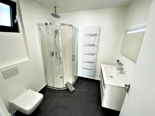 a bathroom with a shower and a toilet and a sink at Studio de standing in Malakoff