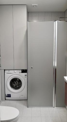 a kitchen with a refrigerator and a washing machine at Hill Top apartment in central Kedainiai in Kėdainiai
