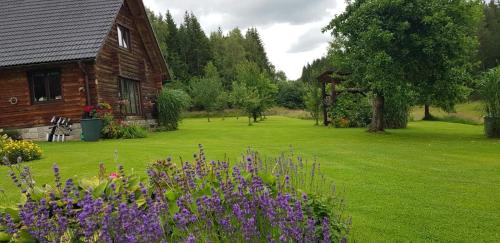 a yard with a wooden house and flowers at Srub Karpatský 