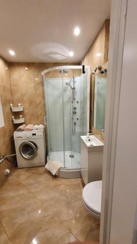 łazienka z prysznicem i pralką w obiekcie Spokojna APT w mieście Katowice