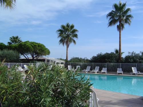 - une piscine bordée de chaises et de palmiers dans l'établissement Appartement Cap Hermès, à Fréjus