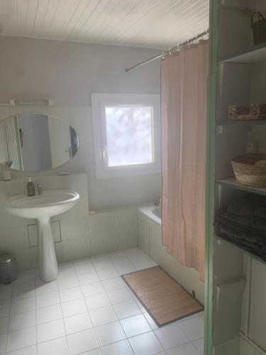 a small bathroom with a sink and a shower at Adorable guest house en pleine nature,la nautique in Narbonne