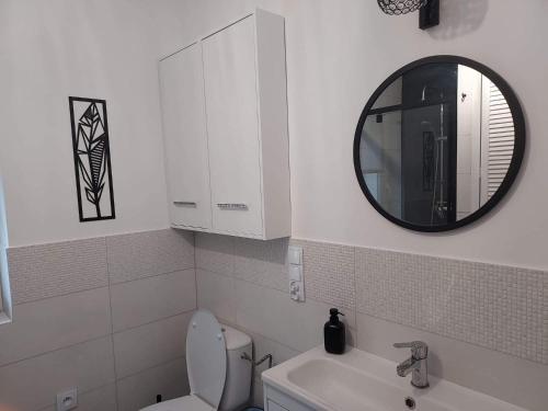 bagno bianco con servizi igienici e specchio di DOM PIOTRUSIÓWKA NAD ZALEWEM KLIMKÓWKA a Klimkówka