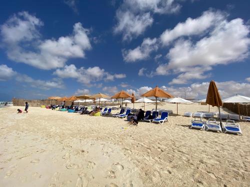 a group of chairs and umbrellas on a beach at أجمل شاليه فى بورتو مطروح للعائلات فقط in Marsa Matruh