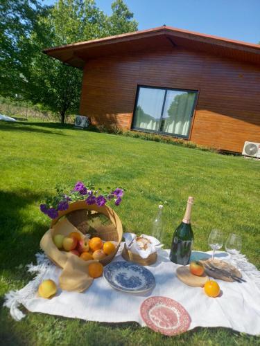 a picnic table with a basket of fruit and a bottle of wine at Casa da Ferreirinha in Faldejãis