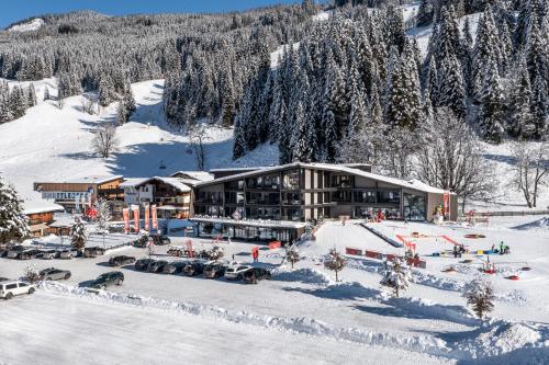 a resort in the snow with cars parked in it at JoAnn suites & apart in Kleinarl