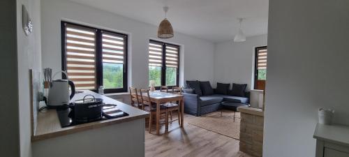 a kitchen and living room with a couch and a table at ŁOMIANKOWA DOLINA Wetlina 112 in Wetlina