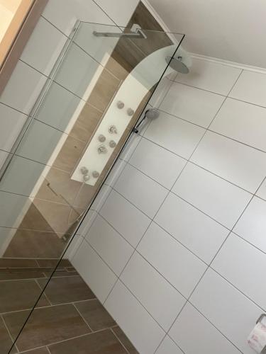 a shower with a glass door in a bathroom at Ferienhaus Evelina in Steinheim
