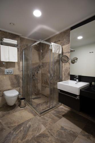 a bathroom with a shower and a toilet and a sink at Northdoor Hotel in Amasra