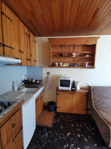 una pequeña cocina con fregadero y microondas en Studio 2p, proche pistes, réduction matériel ski en Chamrousse