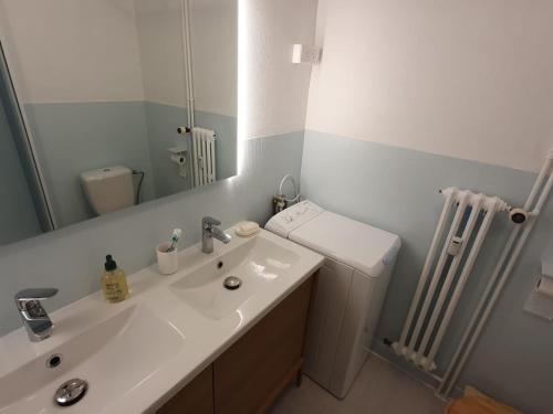 une salle de bain avec un lavabo, des toilettes et un miroir dans l'établissement Charmant 2 pièces ski au pied avec balcon et garage à La Clusaz, proche des pistes et du ski-bus - FR-1-459-169, à La Clusaz
