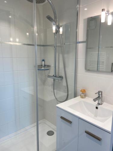 une salle de bain avec douche et lavabo dans l'établissement Vue mer et verdure, à Villers-sur-Mer