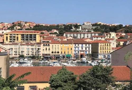 a view of a city with buildings and a harbor at Villa du Port in Port-Vendres