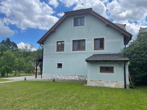 a large white house with a grass yard at Apartmánový dům Michael in Lipova Lazne