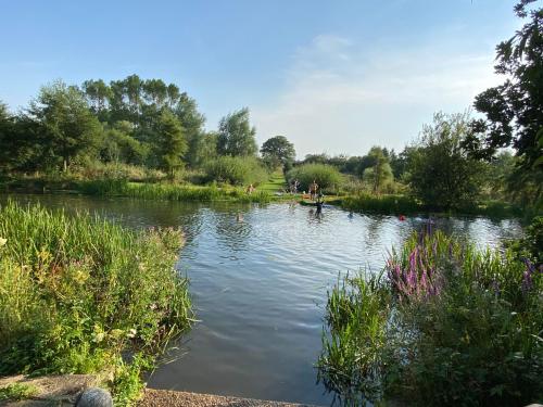 a river with people swimming in the water at West Lexham Retreat in Kings Lynn