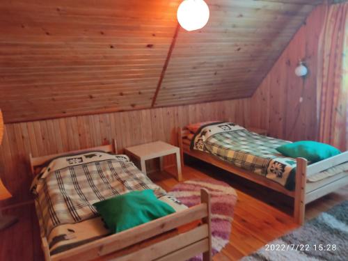 two beds in a room with wooden walls at Domek na Mazurach. in Dłużek