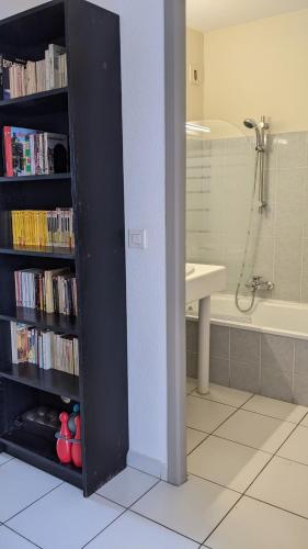 une salle de bains avec une étagère remplie de livres dans l'établissement Cala di sognu, à San-Nicolao