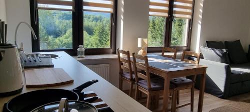 a kitchen and living room with a table and chairs at ŁOMIANKOWA DOLINA Wetlina 112 in Wetlina