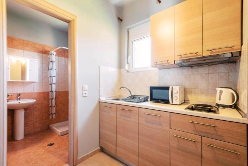 cocina con armarios de madera, fregadero y microondas en F.D. Apartment, en Lardos