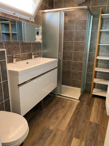 une salle de bain avec toilettes, lavabo et douche dans l'établissement Jolie Villa climatisée piscine parking Perpignan, à Perpignan