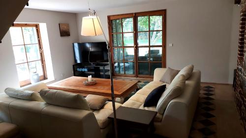 Sala de estar con 2 sofás y mesa en Grange de Ninie, en Rochefort