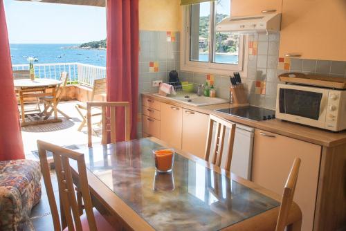 uma cozinha com uma mesa e vista para o oceano em Résidence Villa Nova em Tiuccia