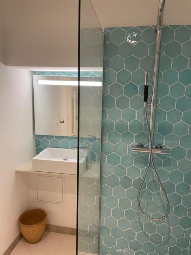 une salle de bain avec douche et lavabo dans l'établissement Summerhouse 2 bed quiet Old Nice balcony100m beach, à Nice