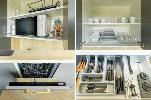 three pictures of a kitchen with a refrigerator at AURUM PREMIUM SPA UNIA RESIDENCE in Lublin