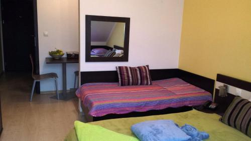 a small room with a bed and a mirror at Free Apartman Besenova in Bešeňová