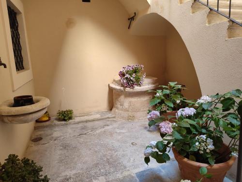 een binnenplaats met een wastafel en enkele planten en bloemen bij Il Vico Del Drago in LʼAquila