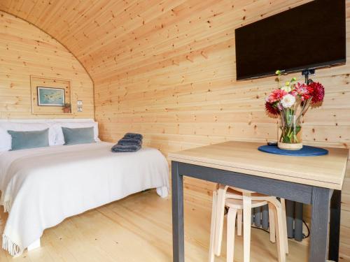 a room with two beds and a table with a tv at Stargaze in Truro