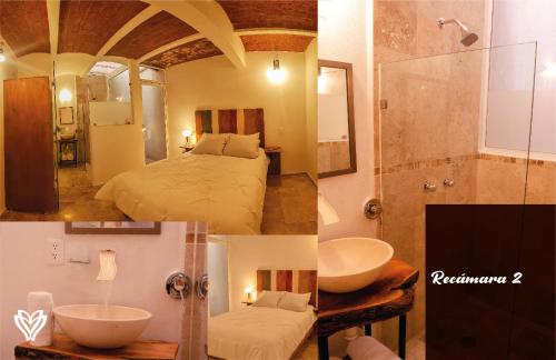 - deux photos d'une salle de bains avec un lit et une douche dans l'établissement Casa Bonita, à Guanajuato