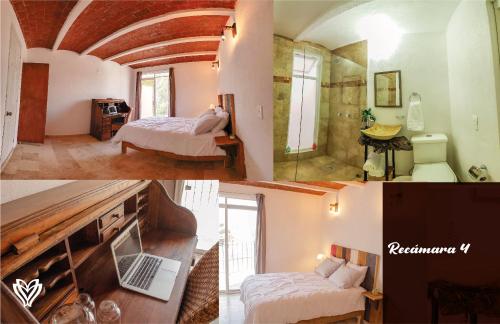 un collage de trois photos d'une chambre d'hôtel dans l'établissement Casa Bonita, à Guanajuato