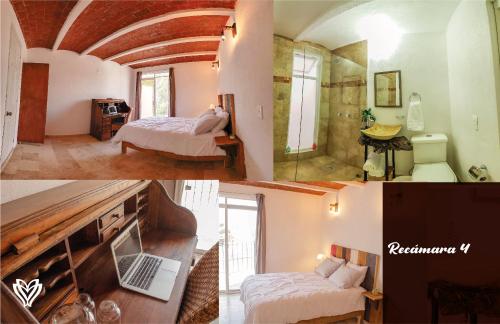 a collage of three pictures of a hotel room at Casa Bonita Guanajuato in Guanajuato