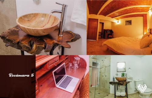 a collage of pictures of a bathroom with a sink and a laptop at Casa Bonita Guanajuato in Guanajuato