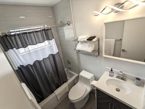 un bagno con doccia, WC e lavandino di Paradise Awaits! Beach, King Bed, Private Yard & Workspace a Deerfield Beach