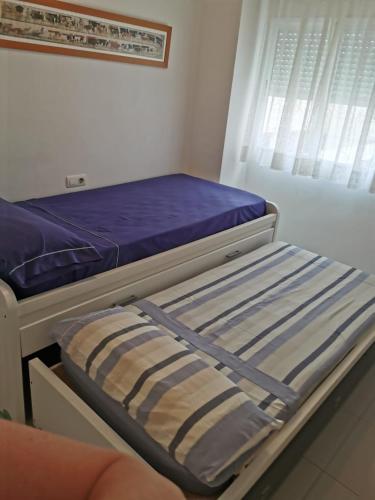 a bunk bed with a purple mattress and a window at Apartamento primera linea junto al puerto in Denia