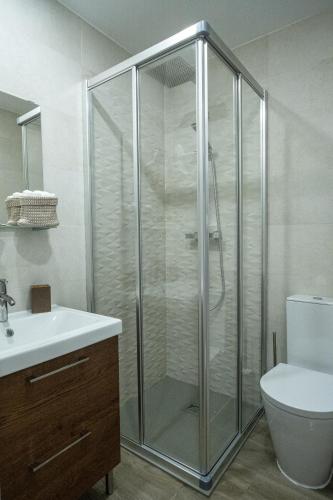 a bathroom with a shower and a toilet and a sink at Casas da Barca in Vila Nova de Foz Coa