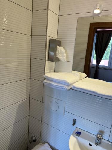 a bathroom with a shower and a toilet and a sink at Hotel Pasa Paradies KOSTENLOSE PARKPLÄTZE in Hanau am Main