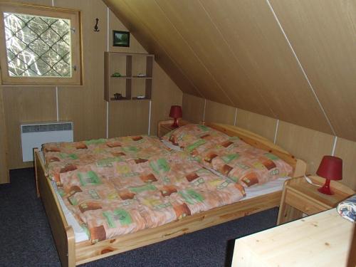 sypialnia z łóżkiem i oknem w obiekcie Chata Machnatô - Jasná w Demianowskiej Dolinie