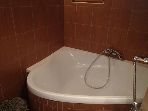 a bath tub with a shower in a bathroom at Chata Machnatô - Jasná in Demanovska Dolina