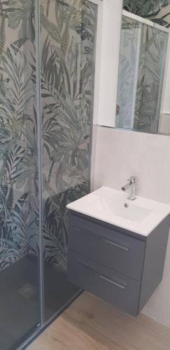 een badkamer met een wastafel en een douche bij Borgo and Bike in Finale Ligure