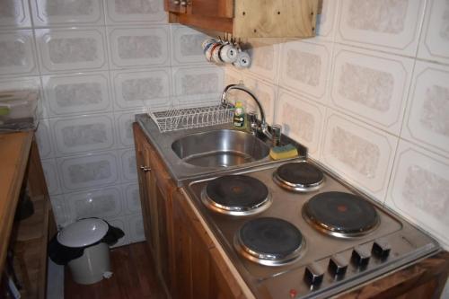 a small kitchen with a sink and a stove at Cabaña Los Maquis in Licán Ray